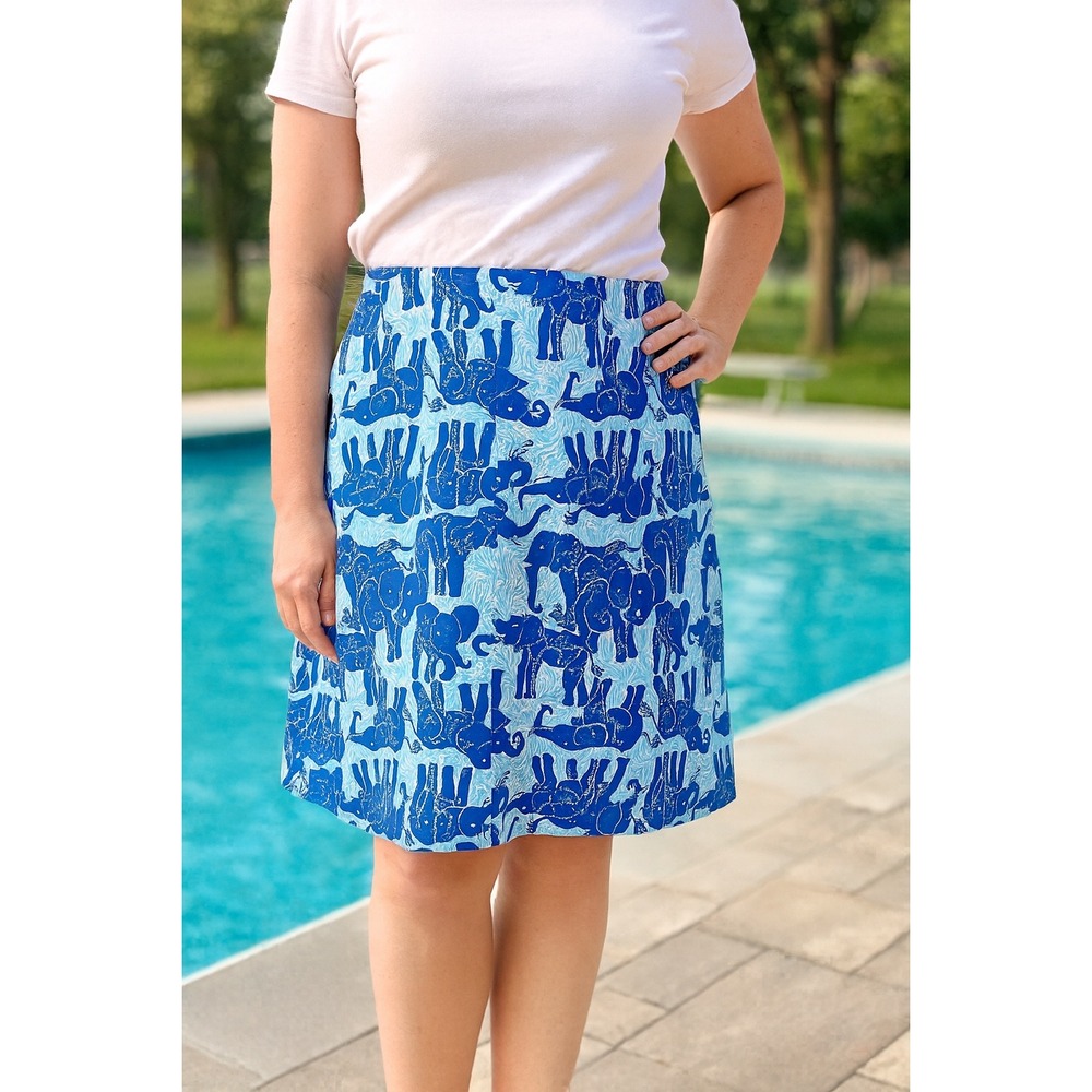 Lilly Pulitzer Vintage Material Blue Elephant Print Skirt 70s Knee Length Medium